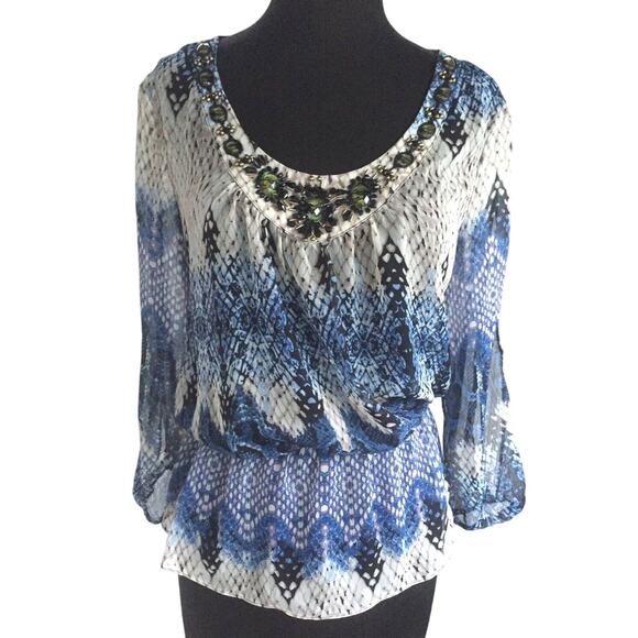 Cache Embellished Peasant Boho Chic Top New SPLIT Sleeve Elastic Waist $138 NWT - Picture 1 of 5